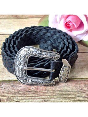VTG Guatemalan Mens Black Braided Leather Western Belt XXL 45" Silver Tooled